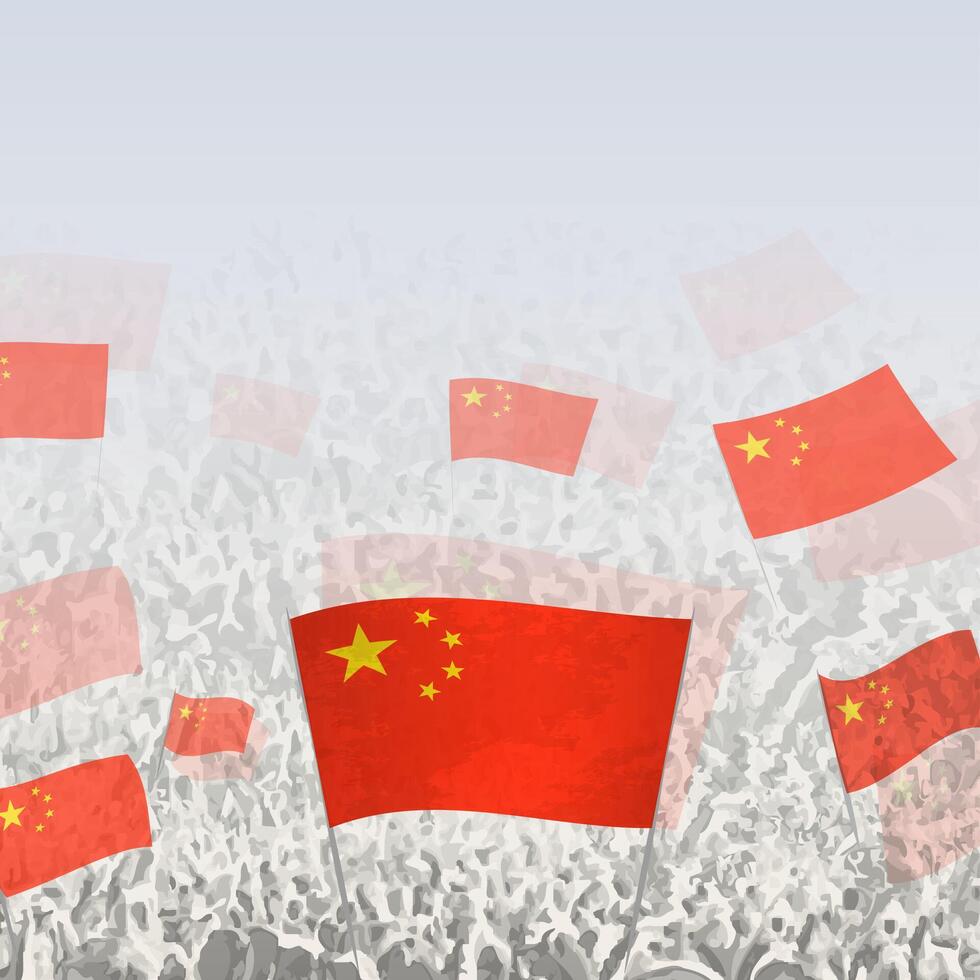 Crowd of people waving flag of China square graphic for social media and news. vector