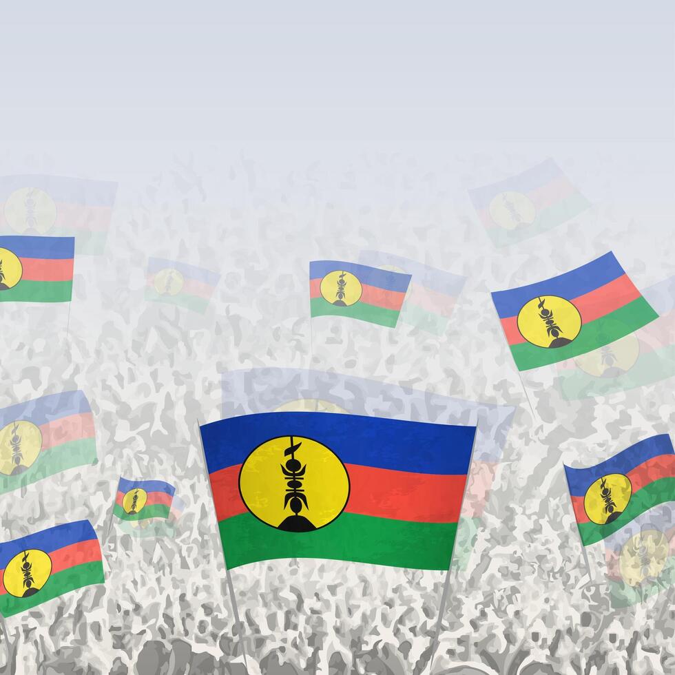 Crowd of people waving flag of New Caledonia square graphic for social media and news. vector