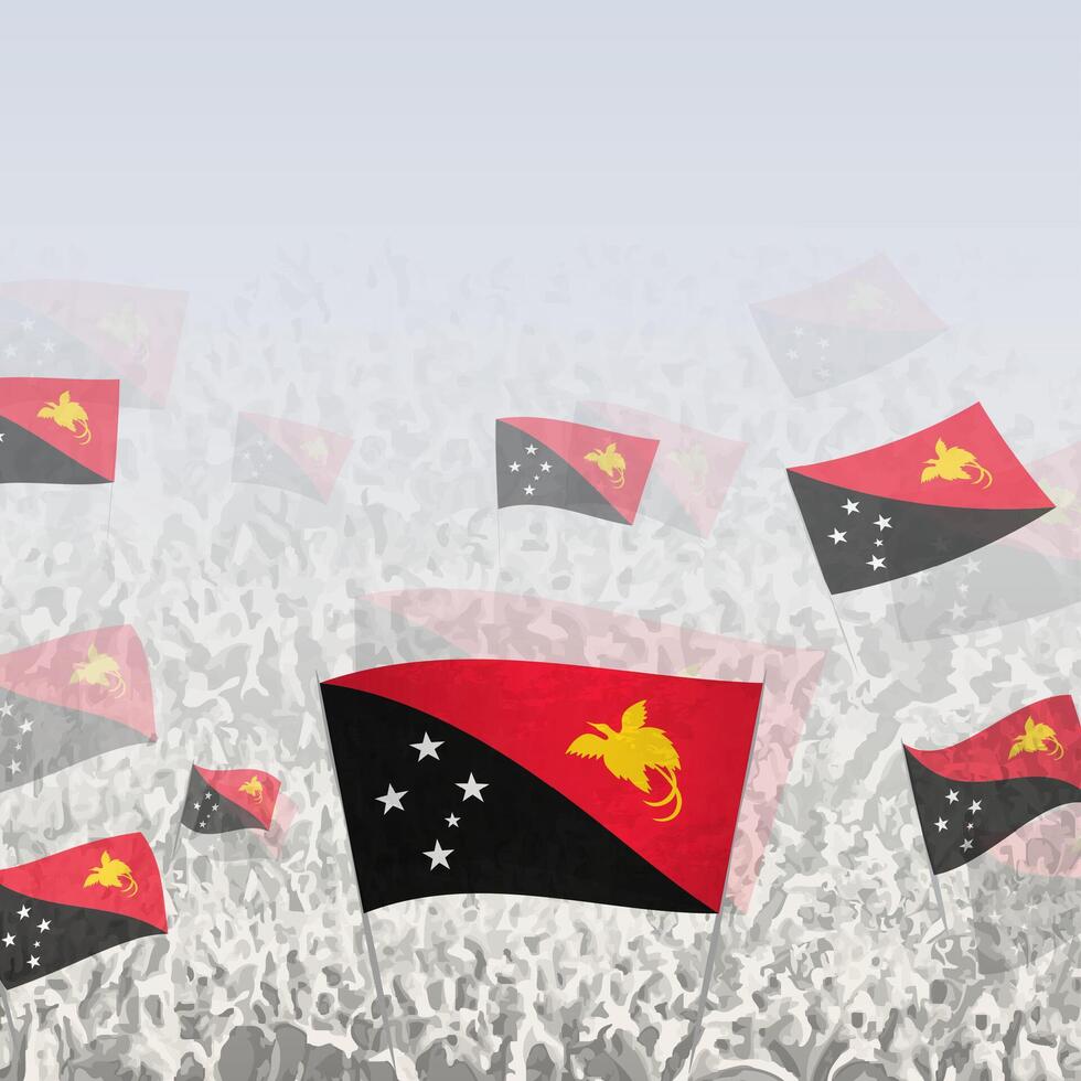 Crowd of people waving flag of Papua New Guinea square graphic for social media and news. vector