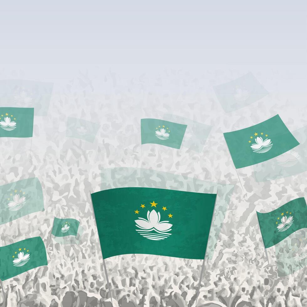 Crowd of people waving flag of Macau square graphic for social media and news. vector