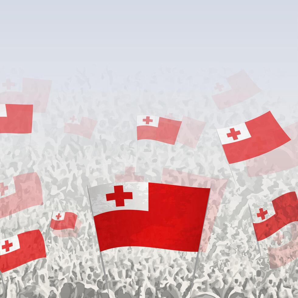 Crowd of people waving flag of Tonga square graphic for social media and news. vector