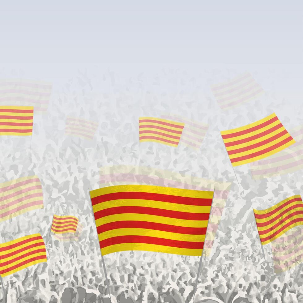 Crowd of people waving flag of Catalonia square graphic for social media and news. vector