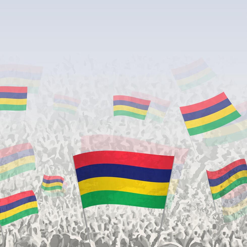Crowd of people waving flag of Mauritius square graphic for social media and news. vector