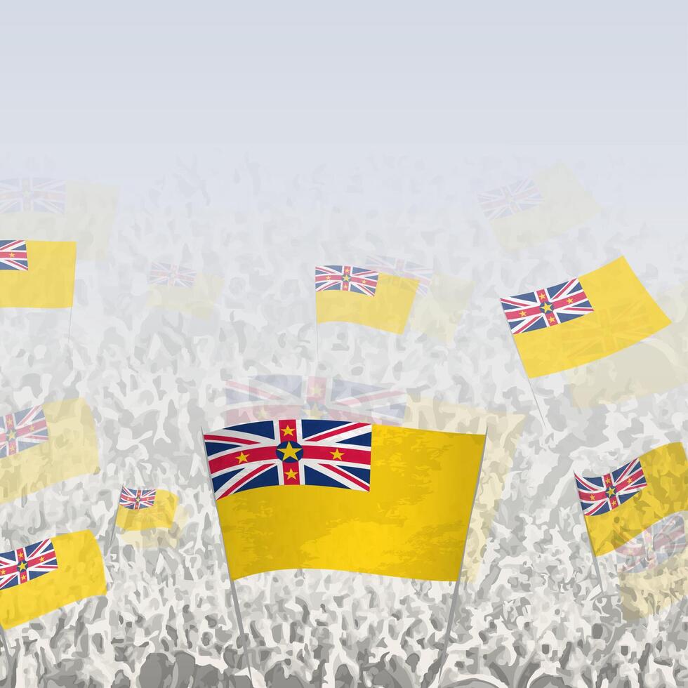 Crowd of people waving flag of Niue square graphic for social media and news. vector