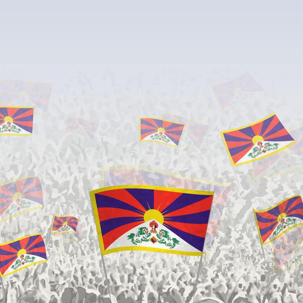 Crowd of people waving flag of Tibet square graphic for social media and news. vector