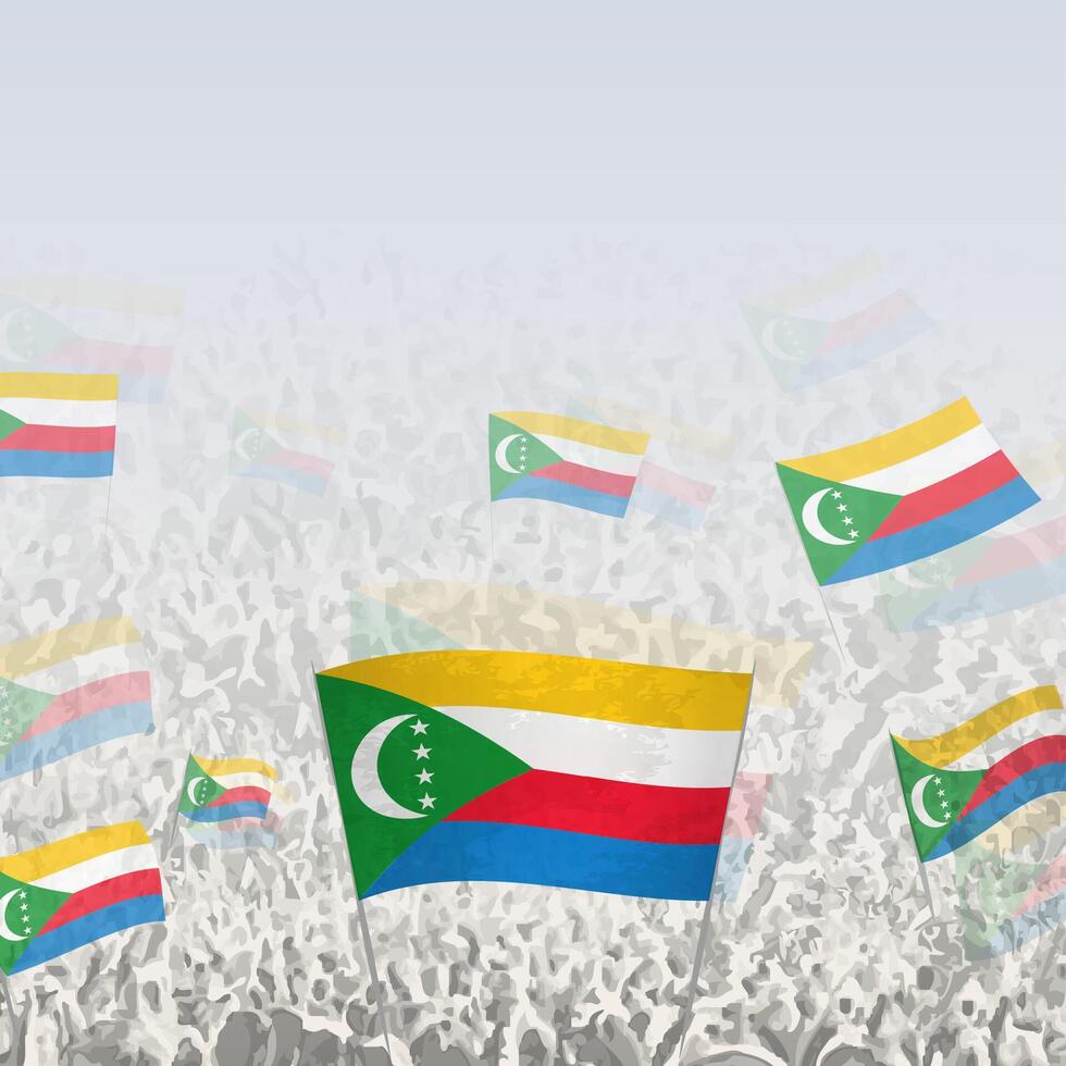 Crowd of people waving flag of Comoros square graphic for social media and news. vector
