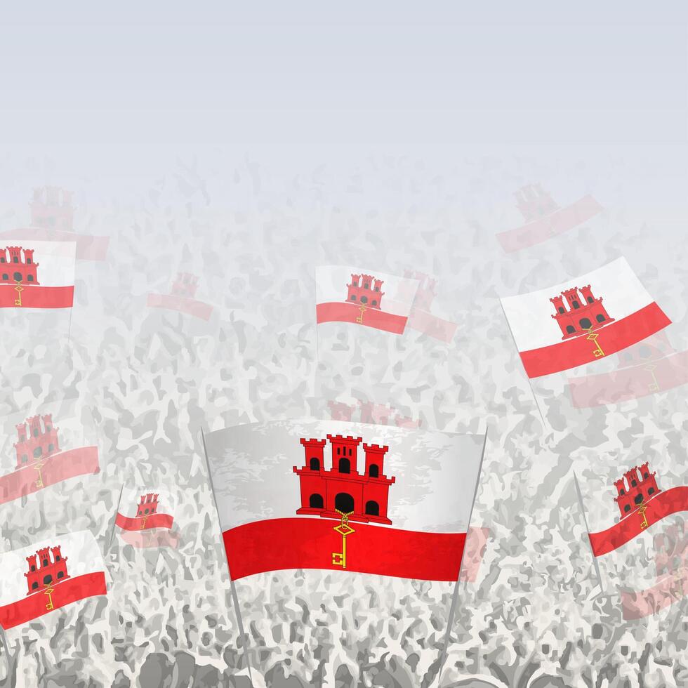 Crowd of people waving flag of Gibraltar square graphic for social media and news. vector