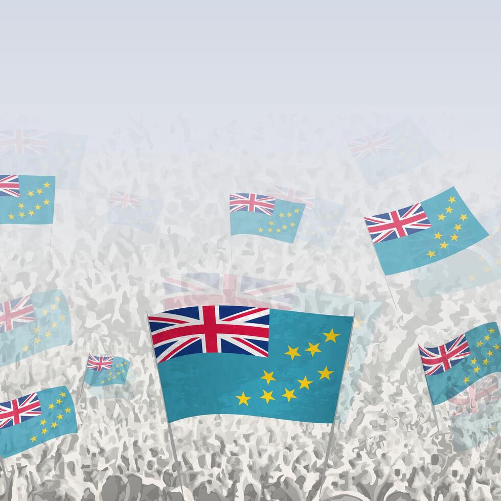 Crowd of people waving flag of Tuvalu square graphic for social media and news. vector