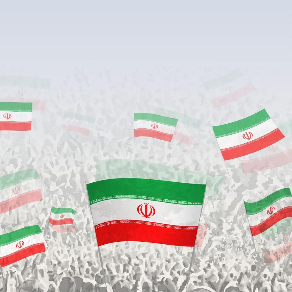 Crowd of people waving flag of Iran square graphic for social media and news. vector