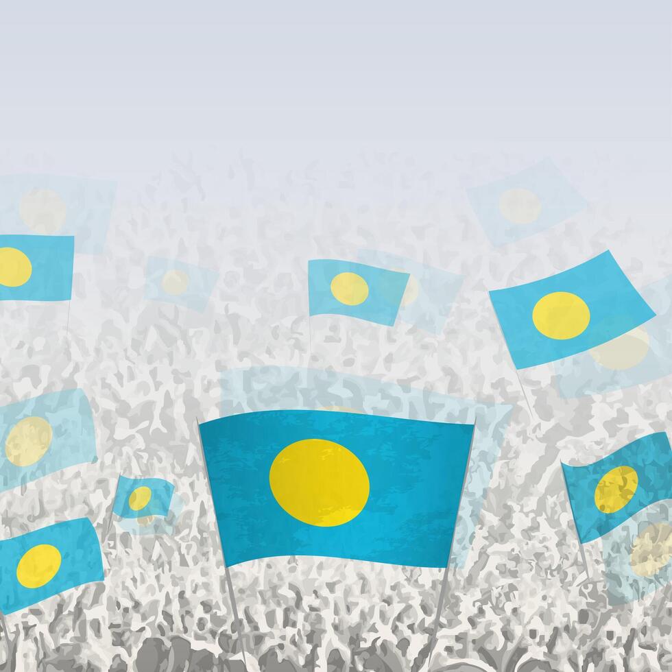 Crowd of people waving flag of Palau square graphic for social media and news. vector
