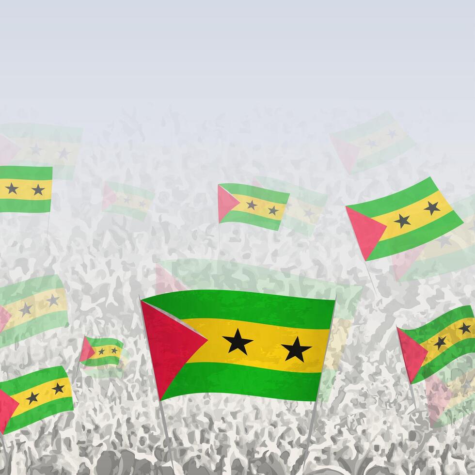 Crowd of people waving flag of Sao Tome and Principe square graphic for social media and news. vector