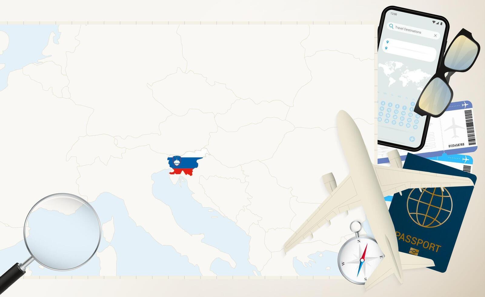 Slovenia map and flag, cargo plane on the detailed map of Slovenia with flag. vector