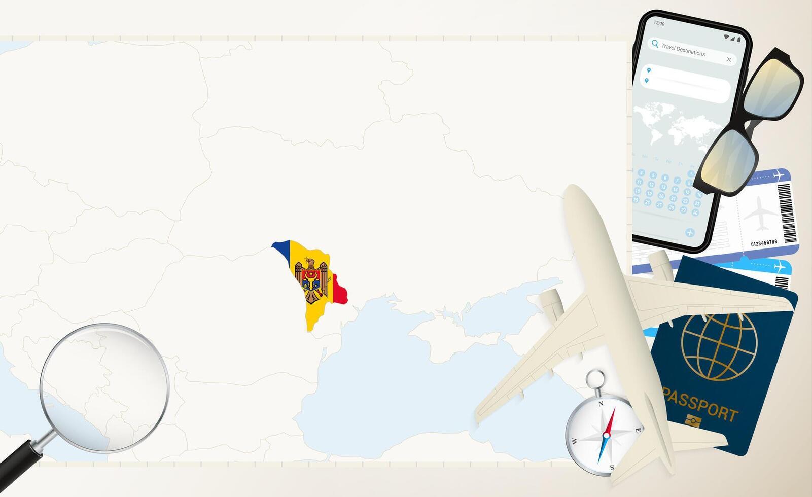 Moldova map and flag, cargo plane on the detailed map of Moldova with flag. vector