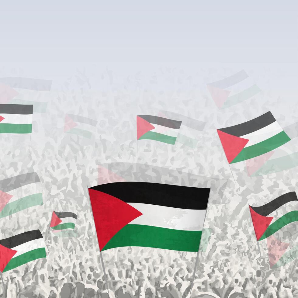 Crowd of people waving flag of Palestine square graphic for social media and news. vector