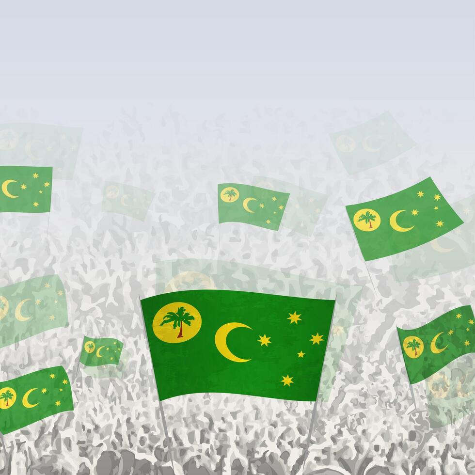 Crowd of people waving flag of Cocos Islands square graphic for social media and news. vector