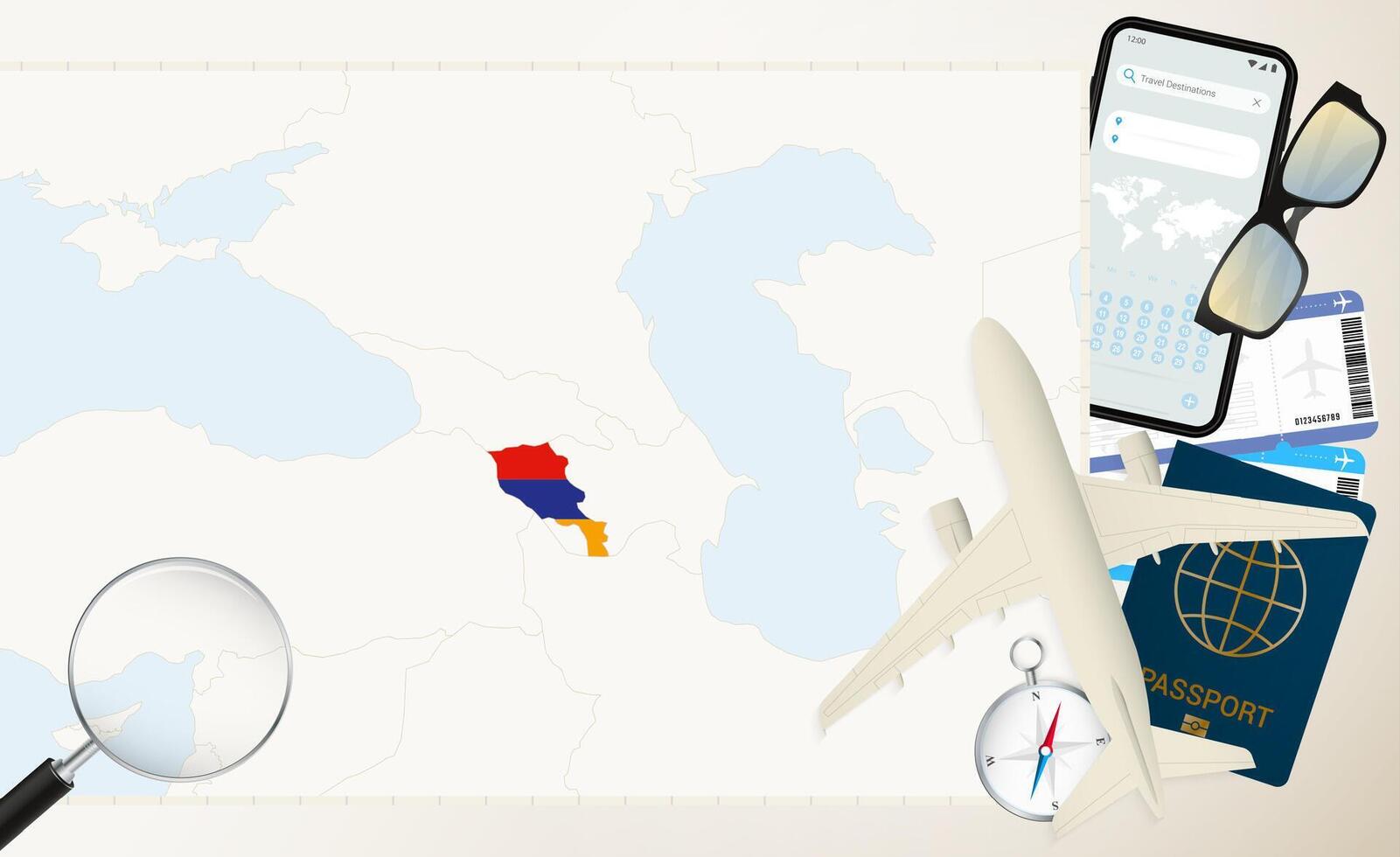 Armenia map and flag, cargo plane on the detailed map of Armenia with flag. vector