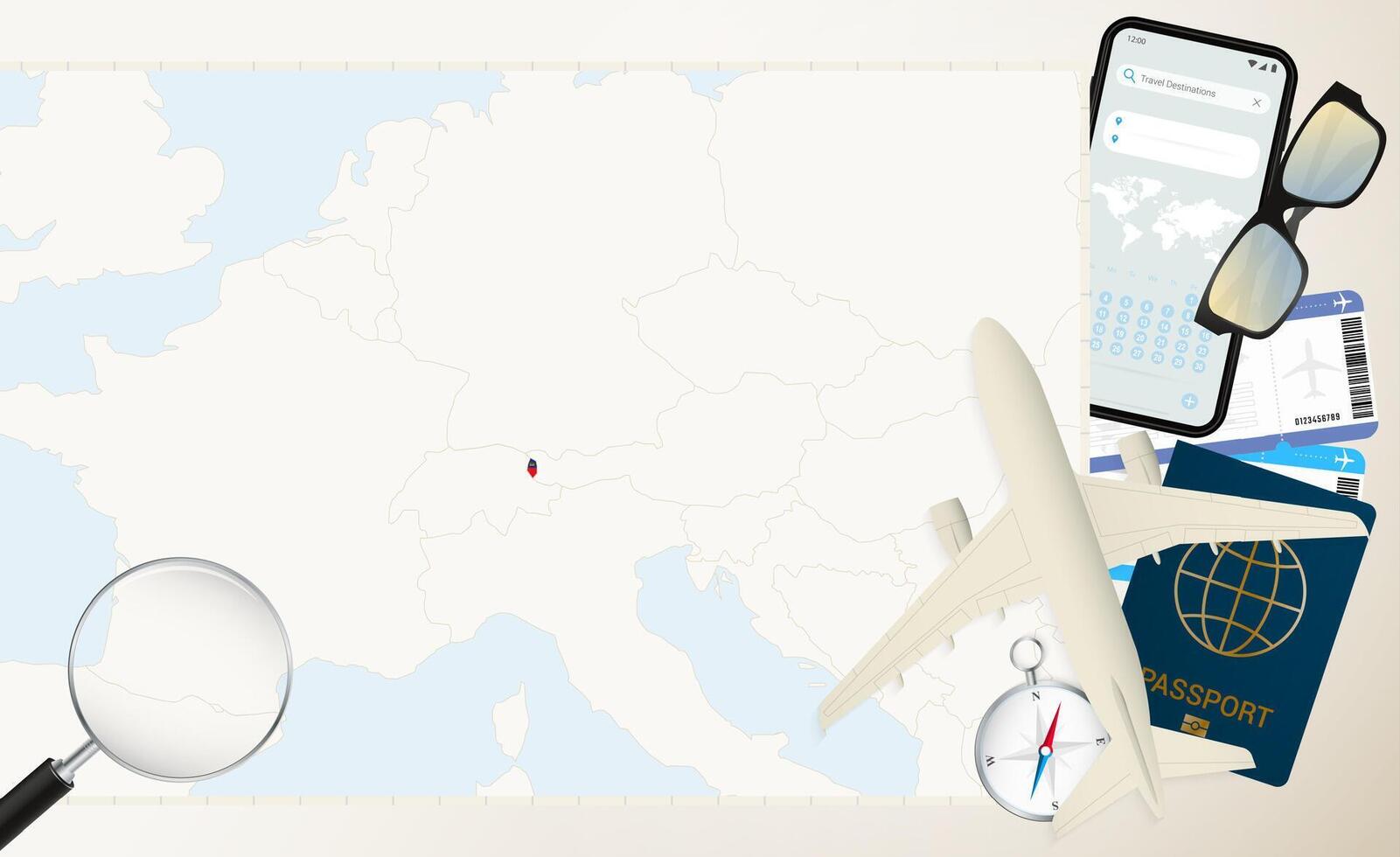 Liechtenstein map and flag, cargo plane on the detailed map of Liechtenstein with flag. vector