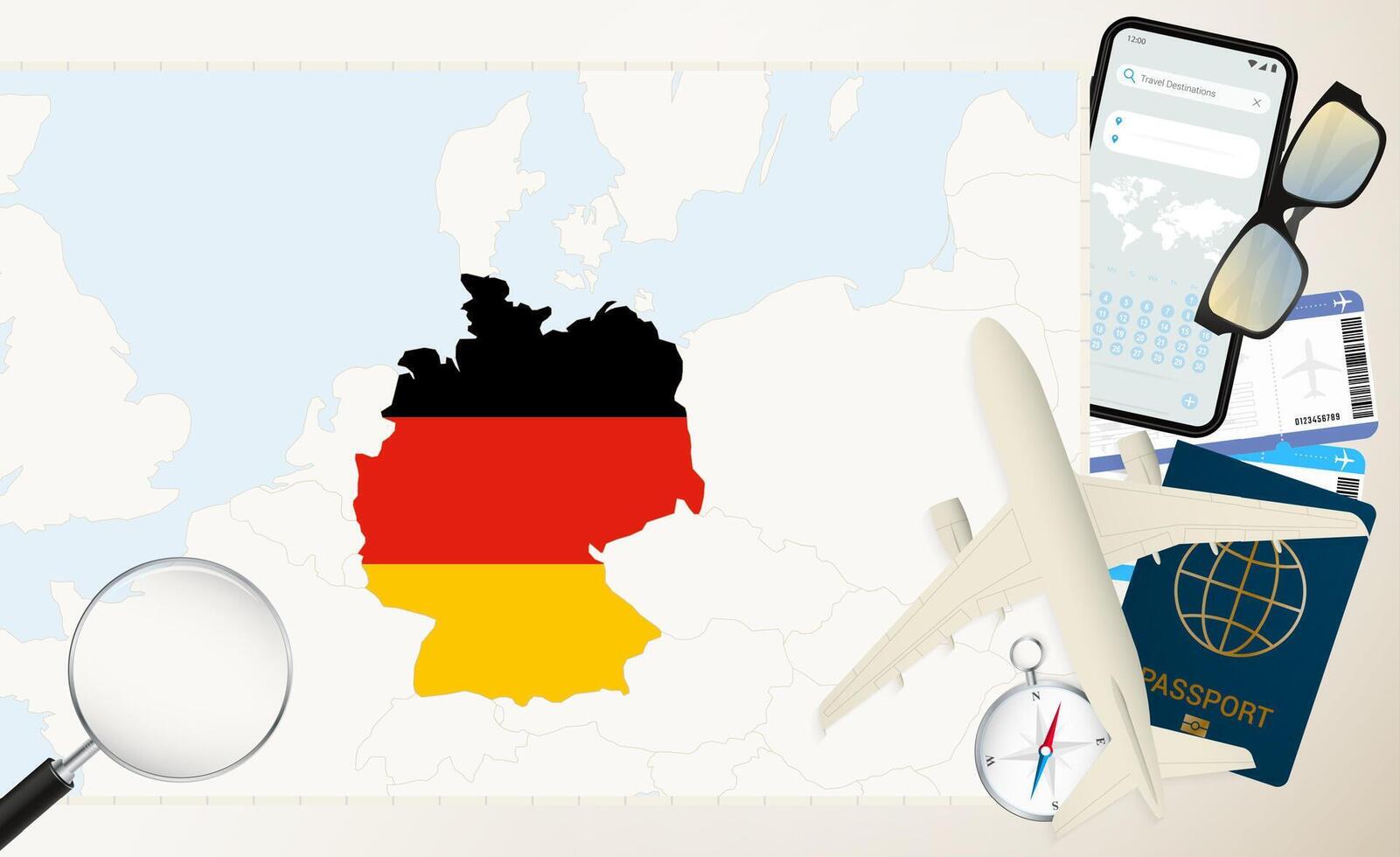 Germany map and flag, cargo plane on the detailed map of Germany with flag. vector