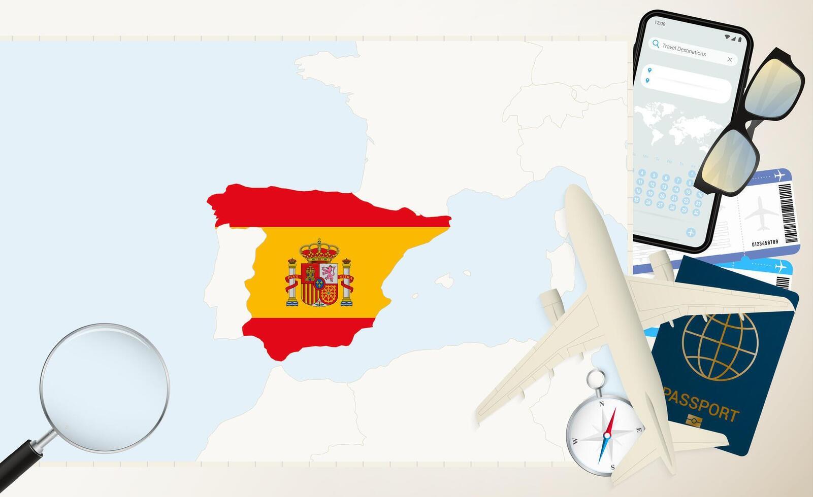 Spain map and flag, cargo plane on the detailed map of Spain with flag. vector