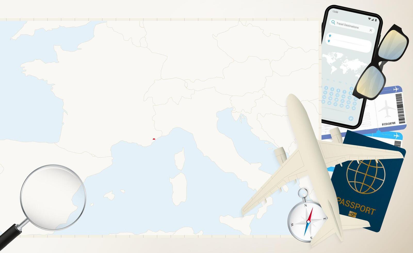 Monaco map and flag, cargo plane on the detailed map of Monaco with flag. vector