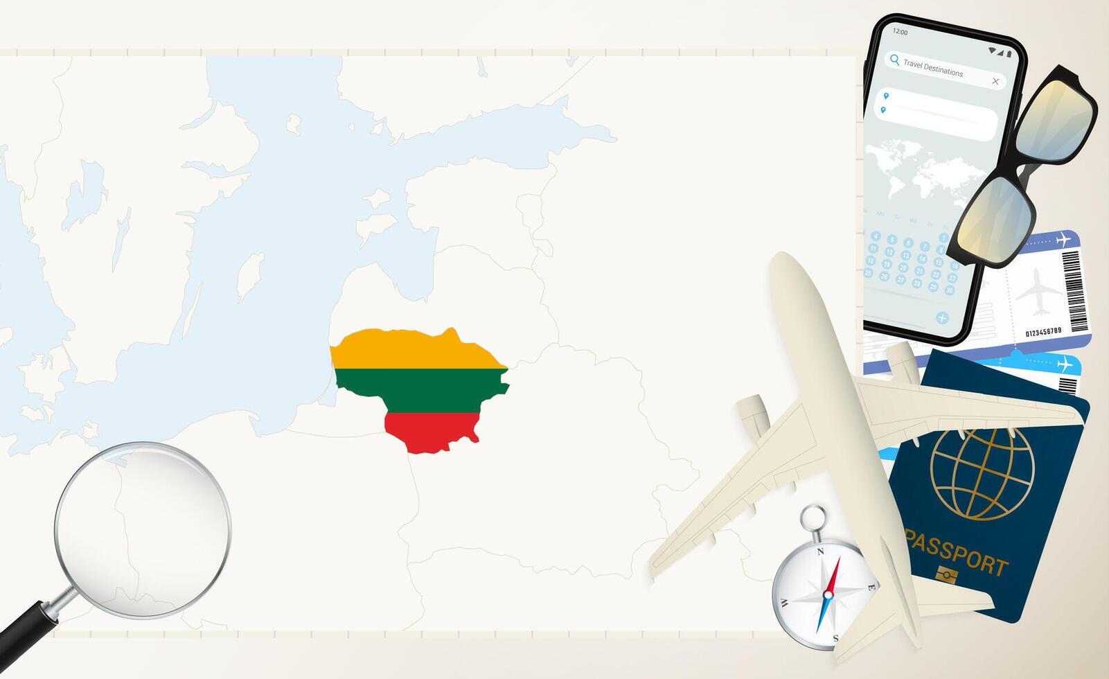 Lithuania map and flag, cargo plane on the detailed map of Lithuania with flag. vector