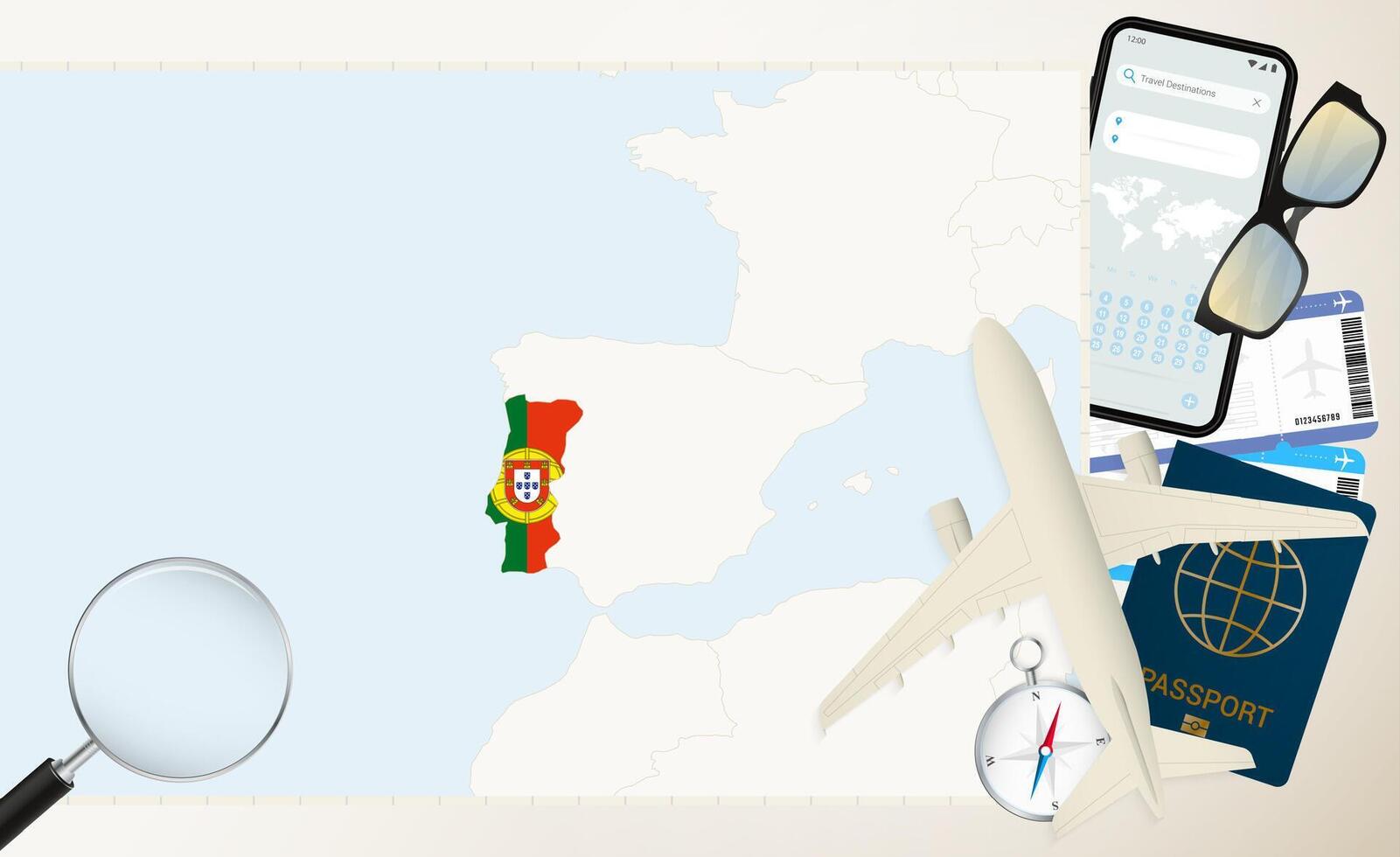 Portugal map and flag, cargo plane on the detailed map of Portugal with flag. vector