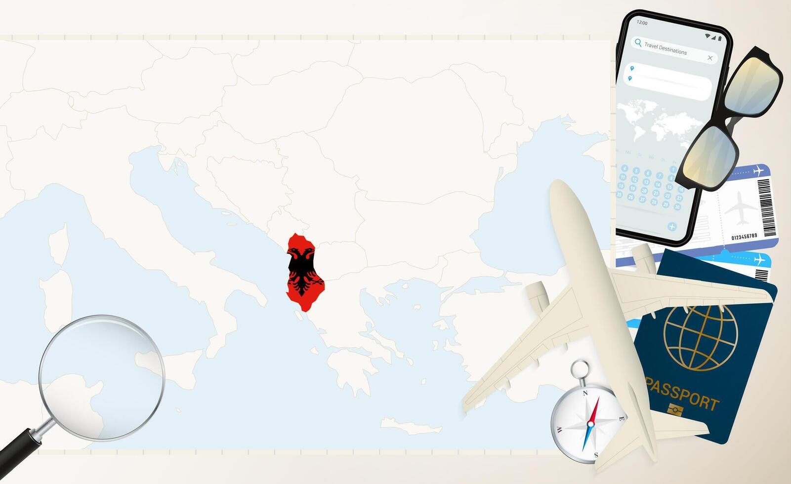 Albania map and flag, cargo plane on the detailed map of Albania with flag. vector