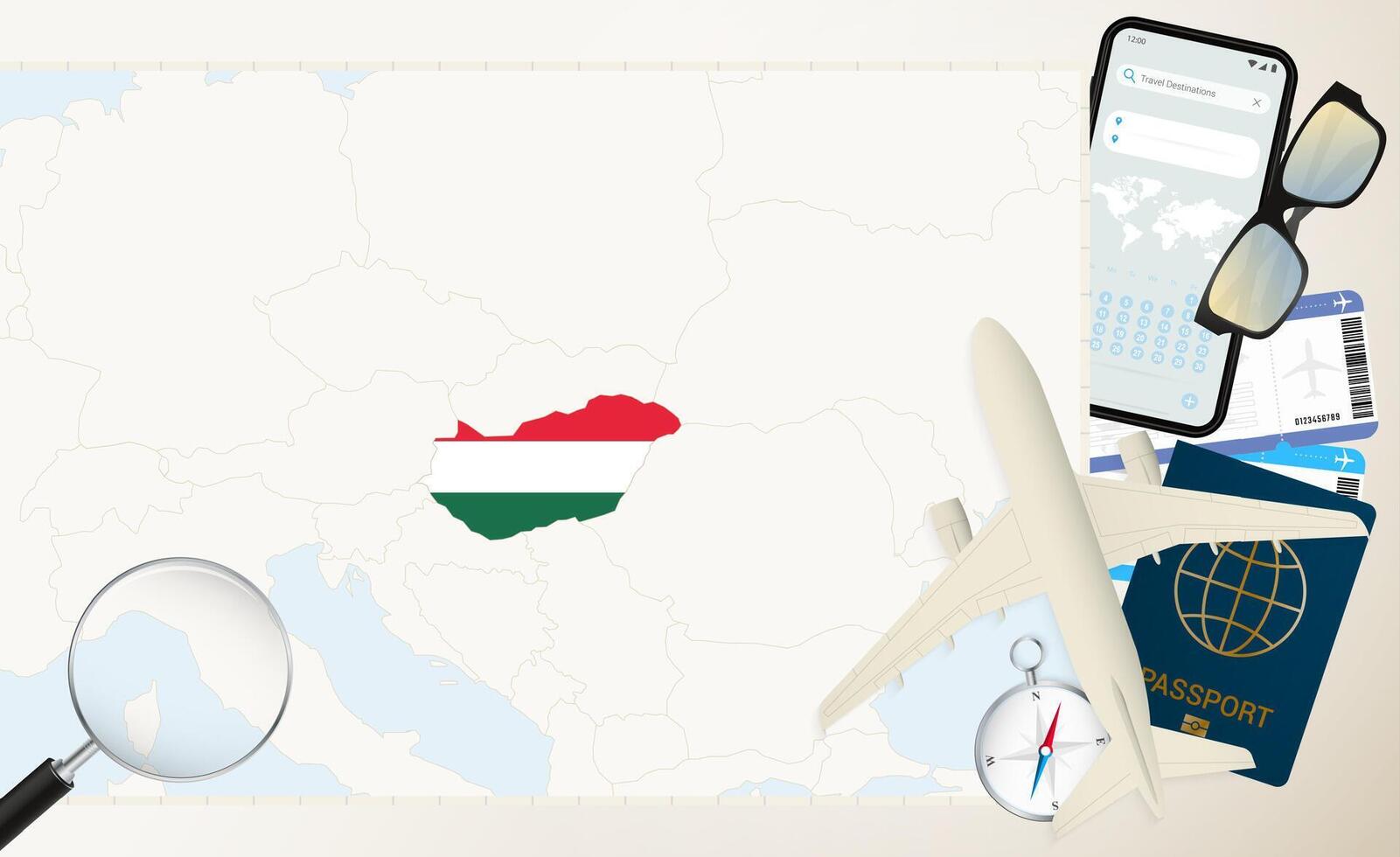 Hungary map and flag, cargo plane on the detailed map of Hungary with flag. vector