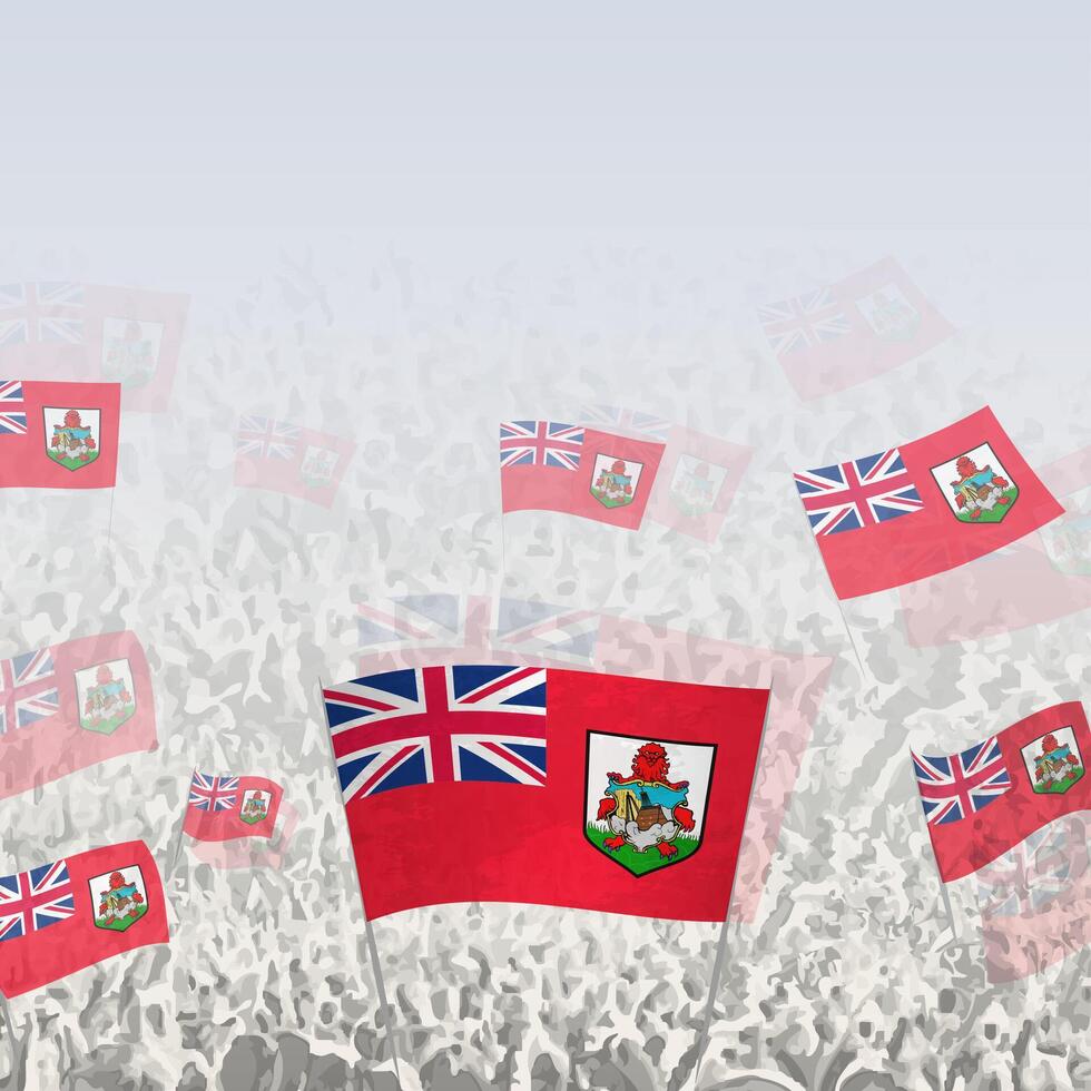 Crowd of people waving flag of Bermuda square graphic for social media and news. vector