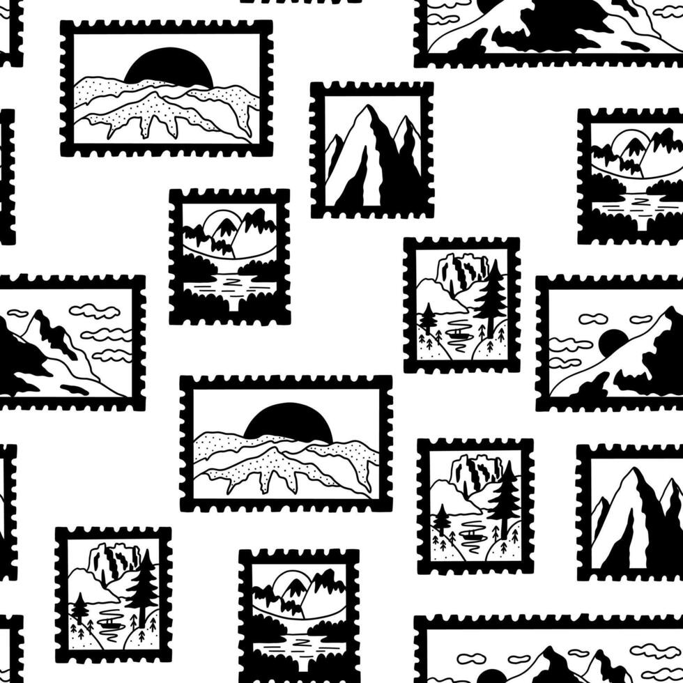 Post stamp summer mountain funny doodle seamless pattern vector