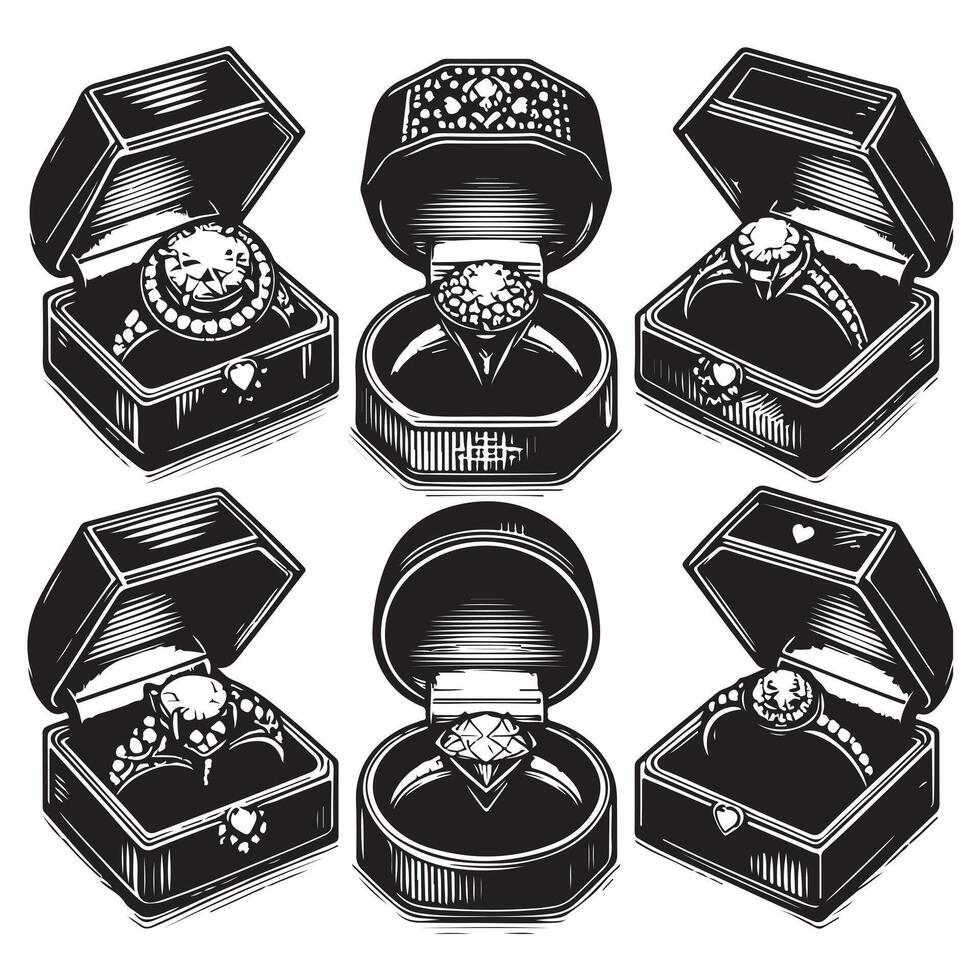 Ring Boxes with Diamonds Silhouette on White vector