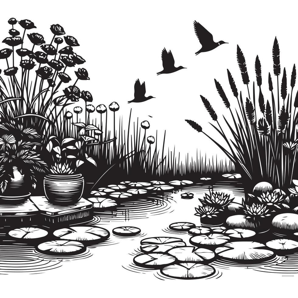 Black Silhouette of Pond and Plants Linear Drawing vector