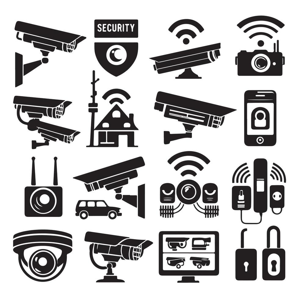 Silhouettes of Security Cameras and Devices vector