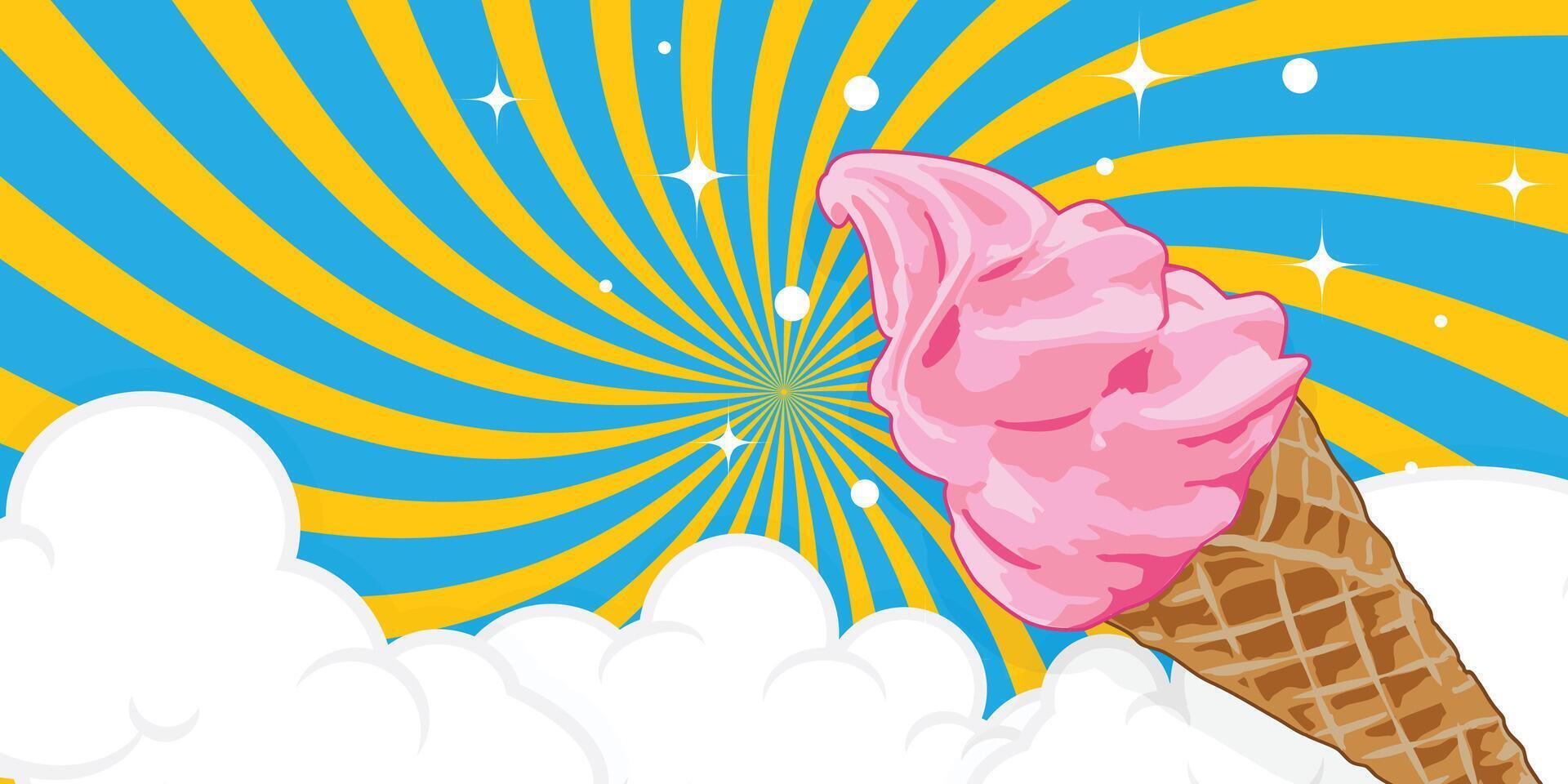 Strawberry ice cream cone with swirl and cloud pattern background vector