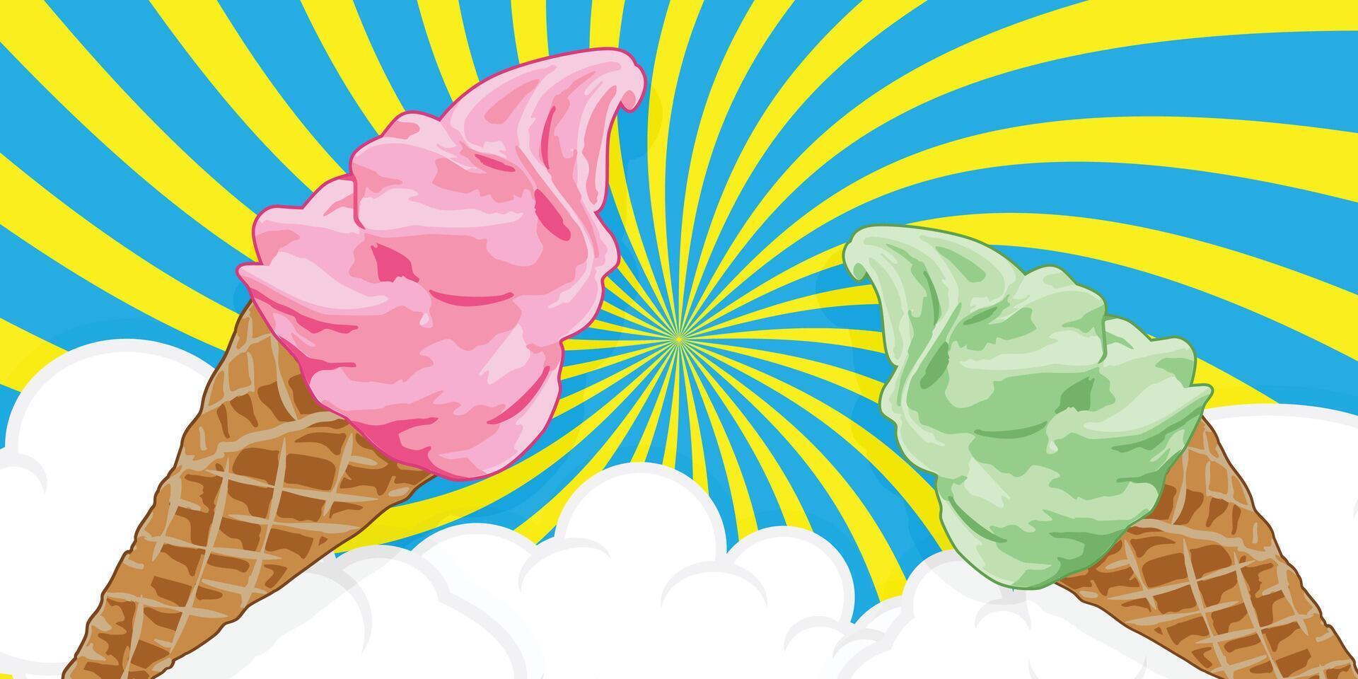 Two ice cream cones with a spiral and cloud pattern background vector