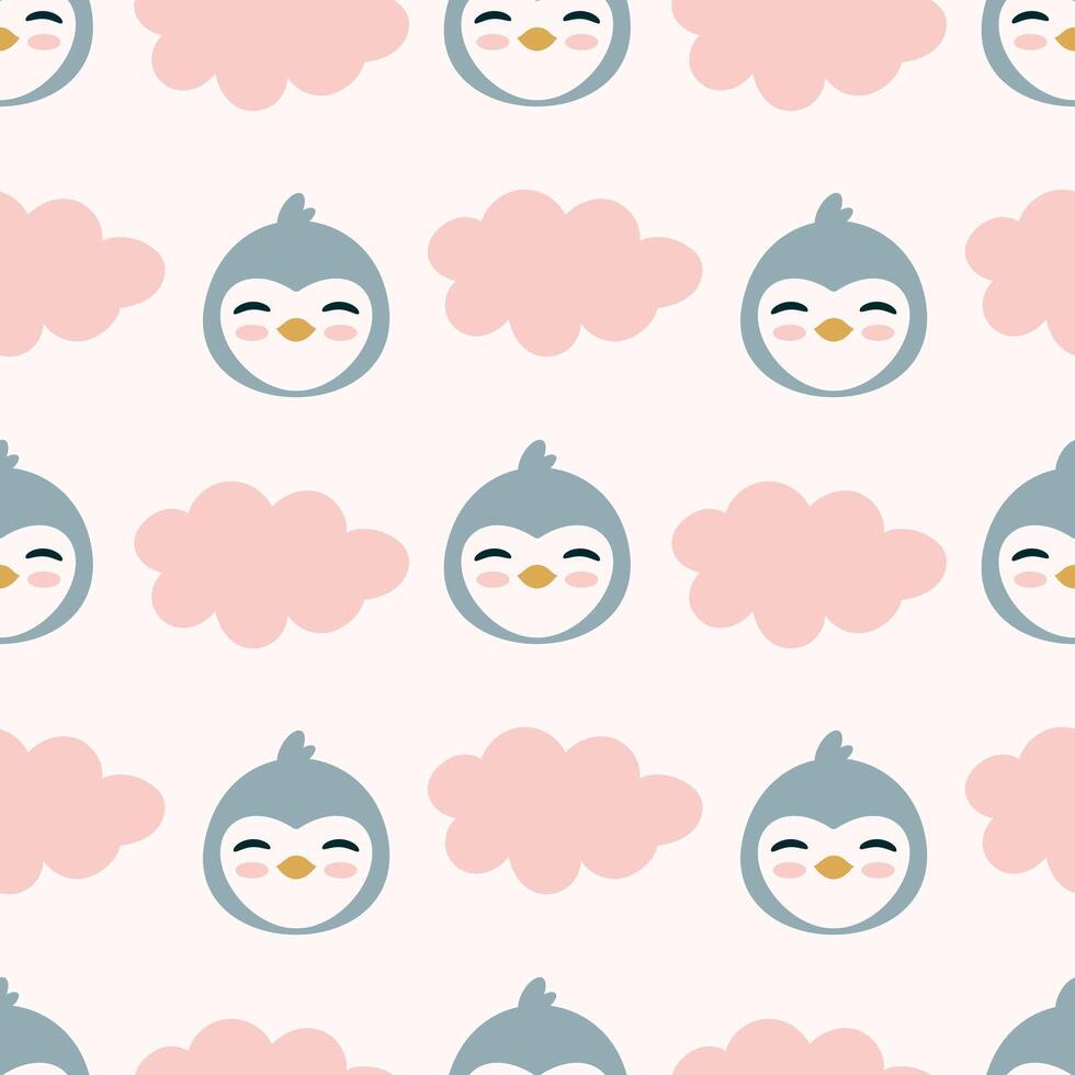 Cute Penguin Faces with Clouds Seamless Pattern. Ideal for children's designs, nursery decor, and playful backdrops. vector