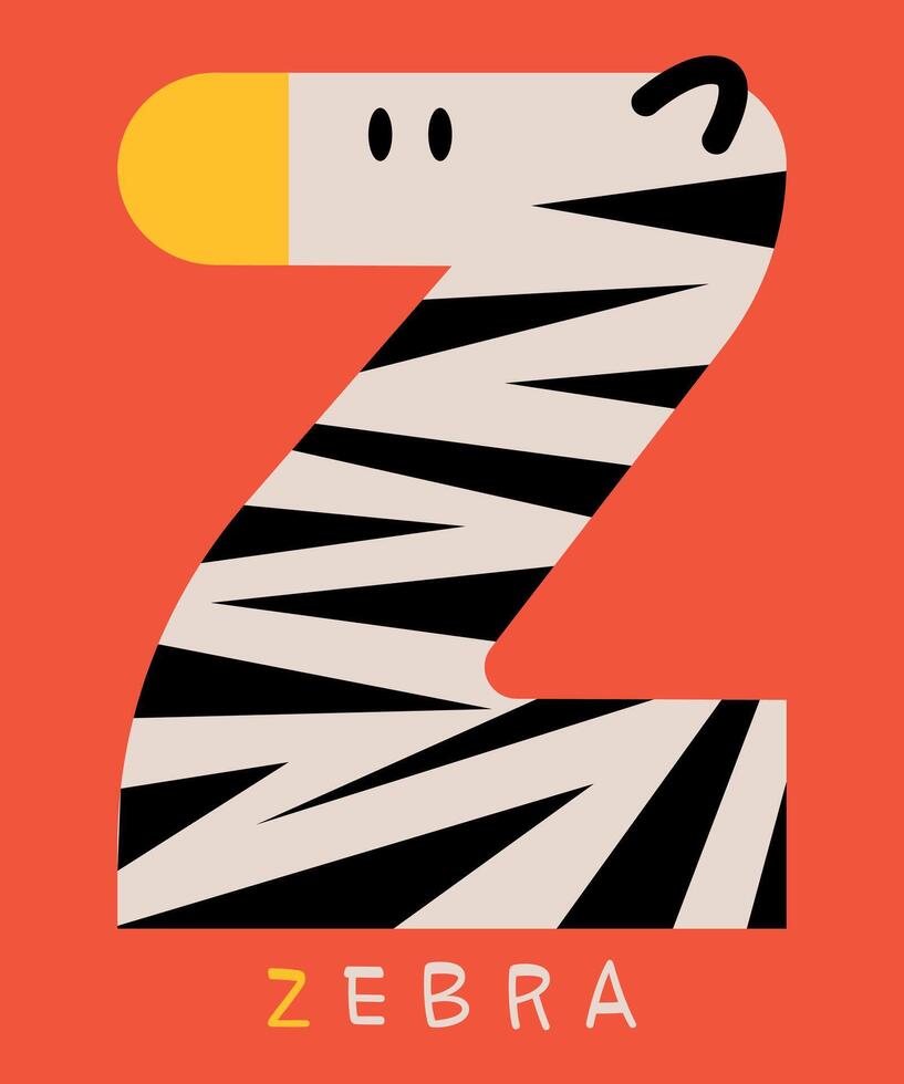 Bold illustration of the letter Z designed as a zebra with striking black and white stripes on a vibrant orange background perfect for educational and artistic projects. vector