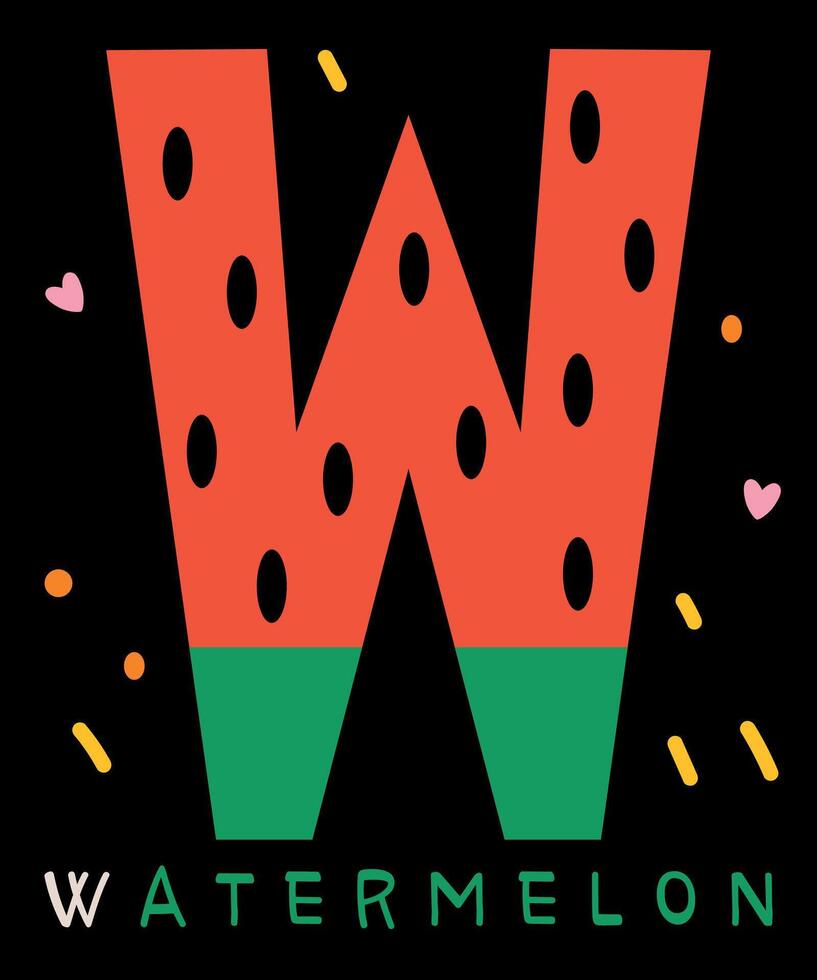 Watermelon letter W illustration featuring bold colors and playful design. Perfect for alphabet projects, educational materials, and creative designs. vector