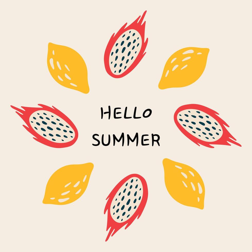 Hello Summer Fruits Illustration with Tropical Vibes. Bright round frame made of fruits. vector