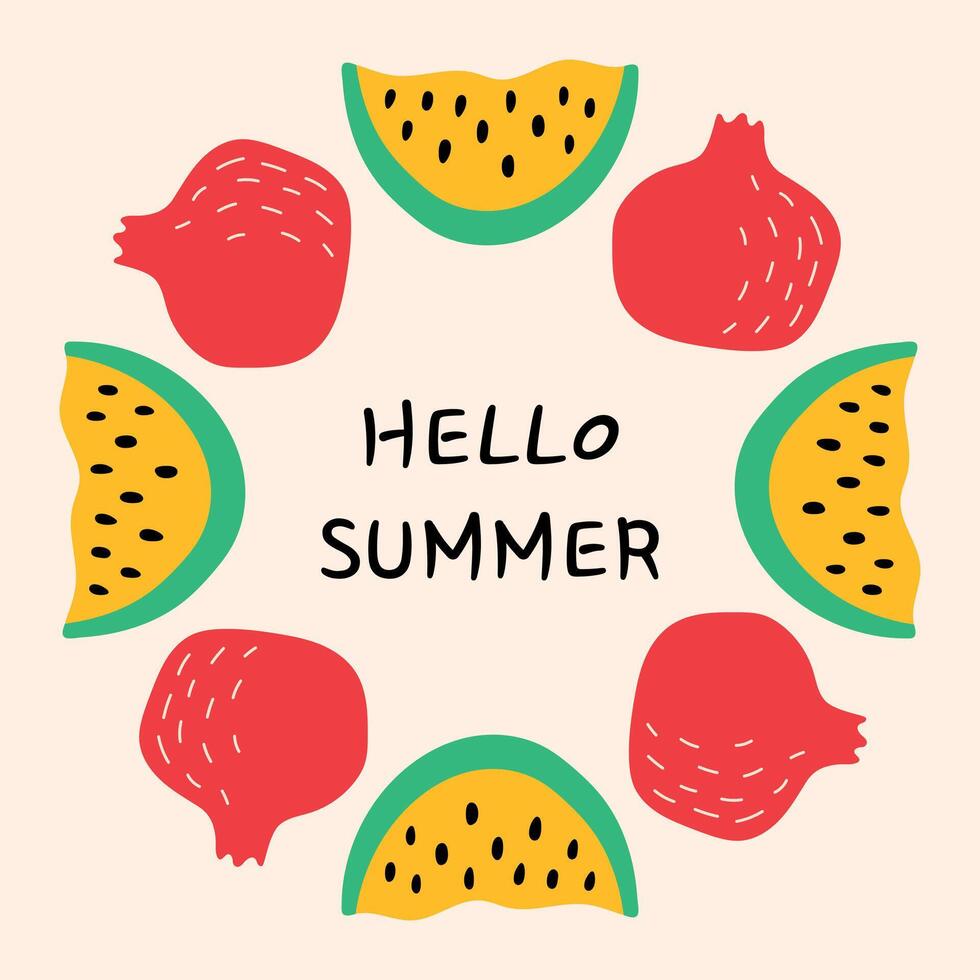 Hello Summer Frame with Watermelons and Pomegranates. Perfect for summer themed designs, promotions, and seasonal celebrations. vector