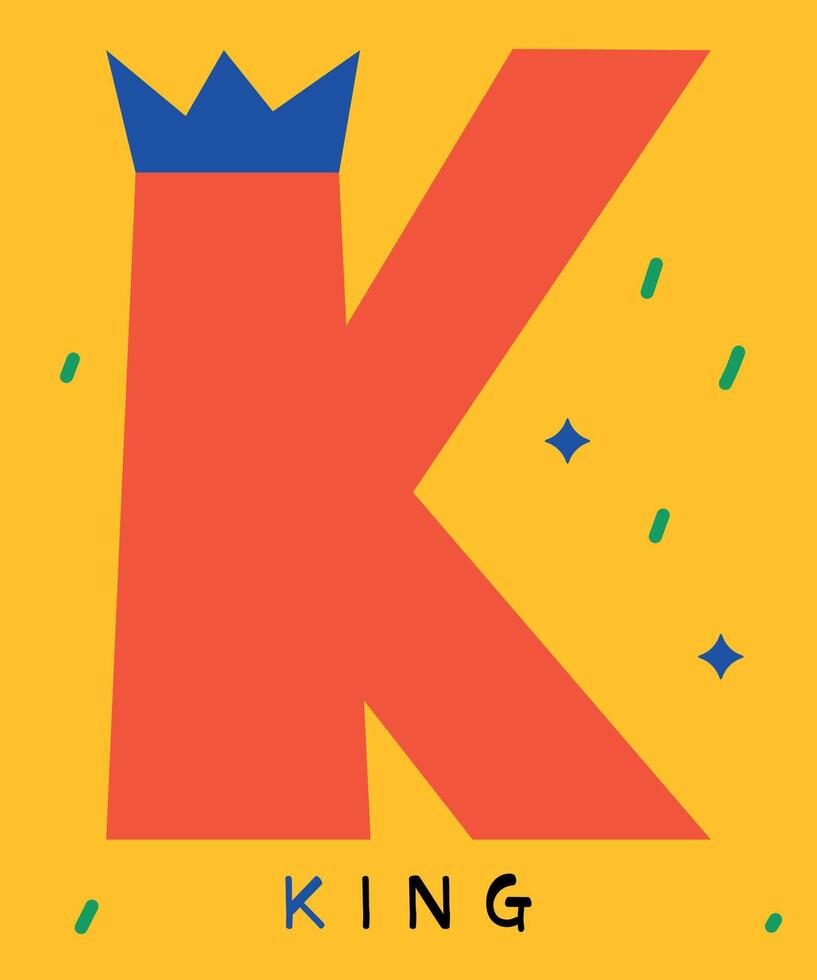 Bold Letter K with Blue Crown Illustration. Bold red letter K adorned with a blue crown on a vibrant yellow background. vector