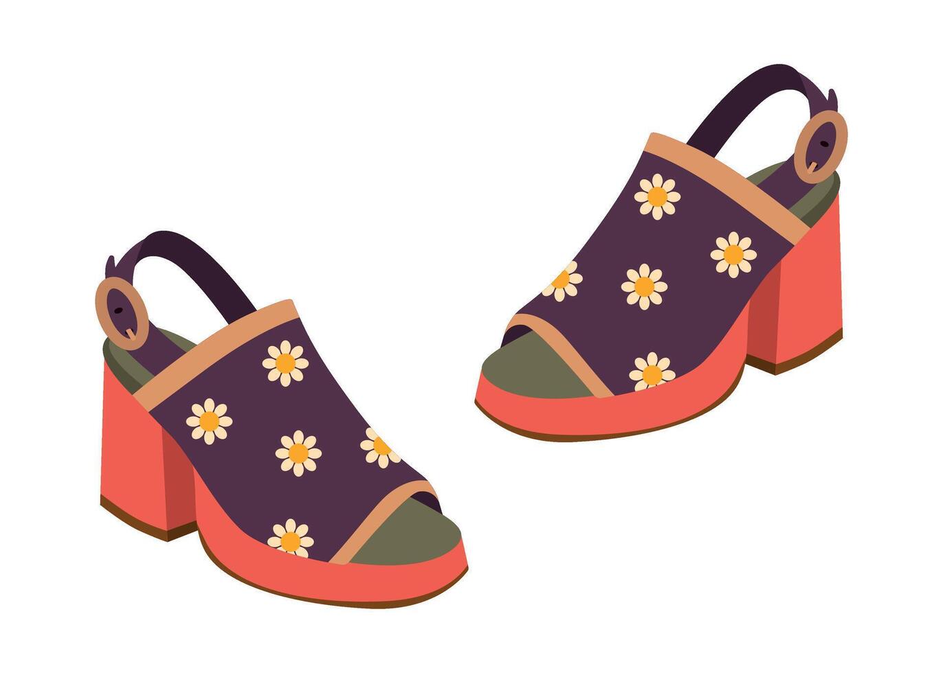 illustration of stylish slingback high heels with vibrant floral pattern and chunky heels. The colorful design features daisy prints, ideal for fashion and design projects. vector