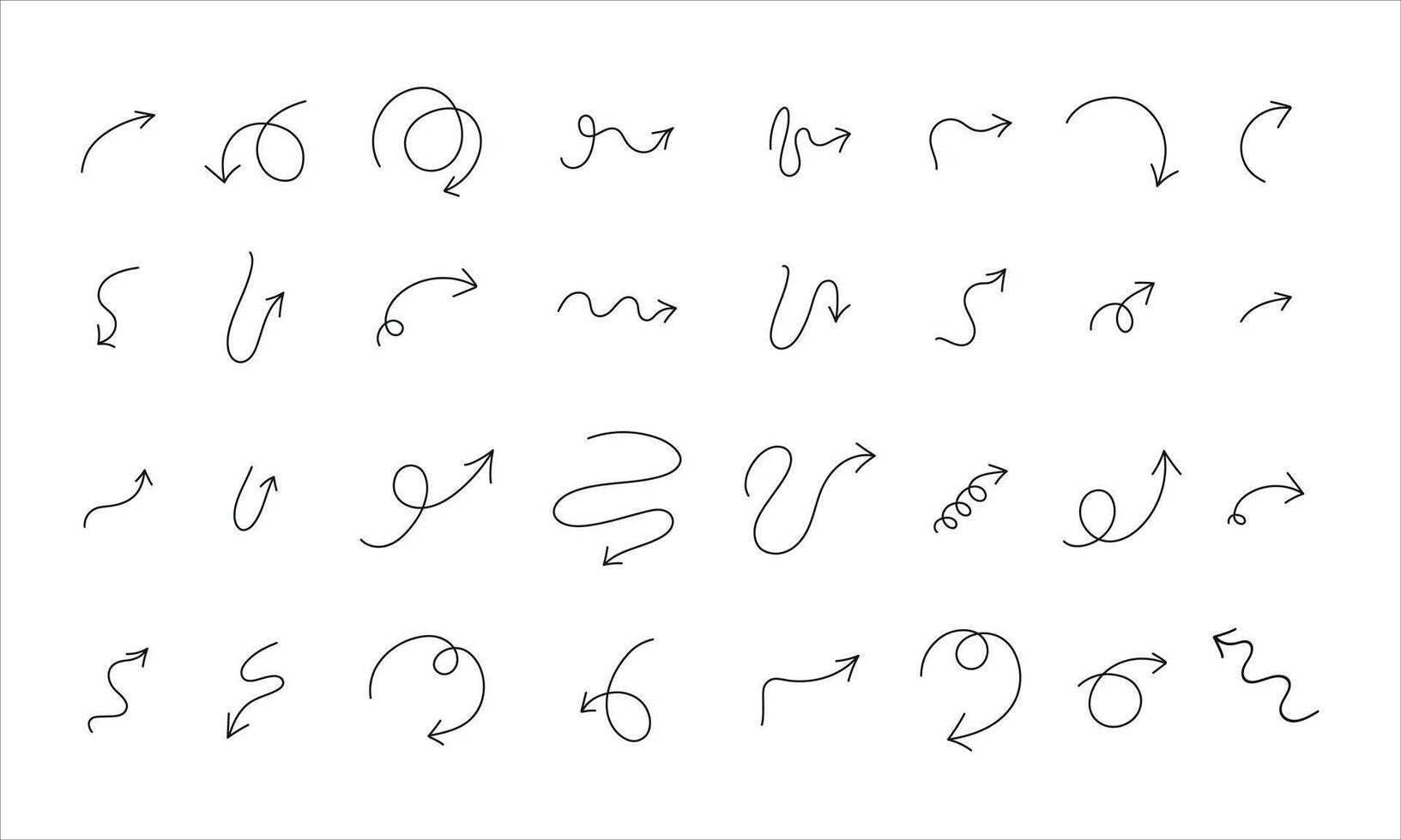 Set of black Doodle hand drawn arrows isolated on white. illustration. Arrow collection set. vector