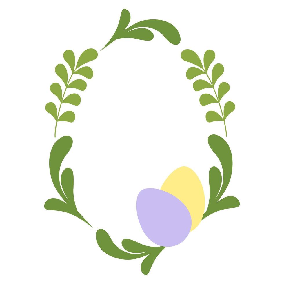 Hand Drawn twigs, leaves and Painted Easter Eggs Egg shape Wreath Frame border Copy space Template. Isolated Illustration Easter Greeting Themes Card, price tag, label or promo leaflet, banner vector