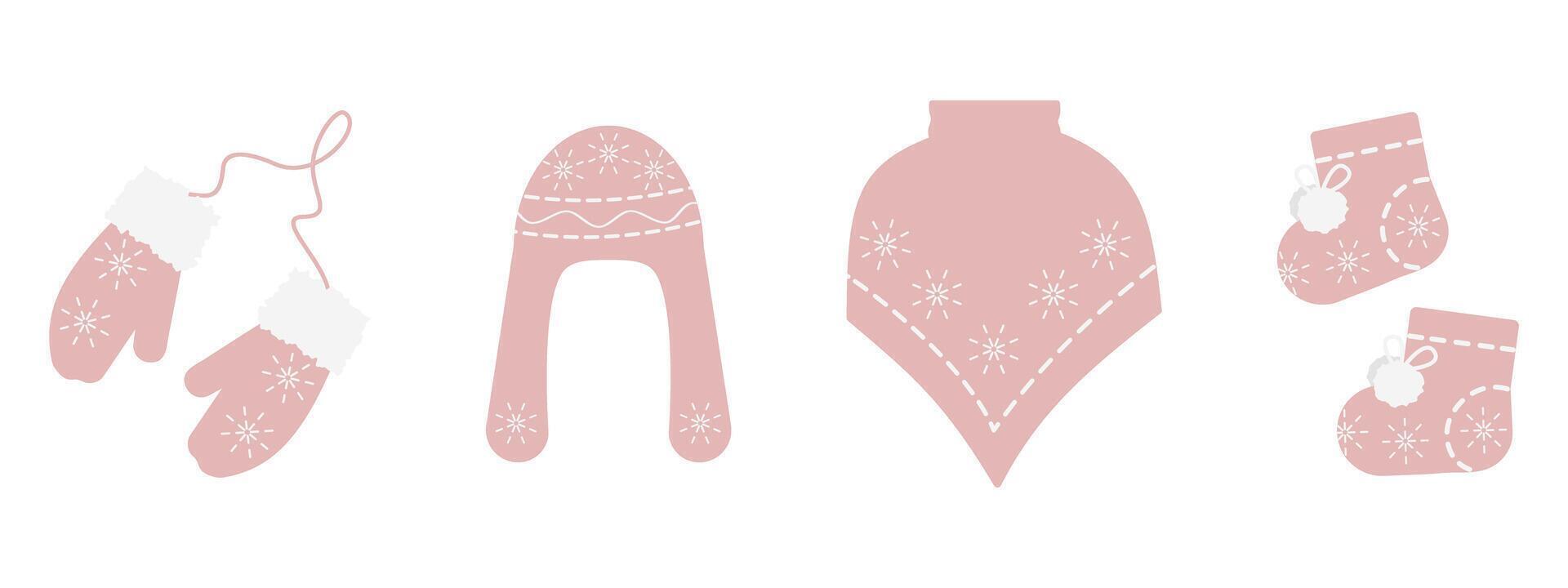 Winter Mittens on rope Ushanka hat Poncho and Cozy Booties Creative Doodle Winter Accessories Bundle. Isolated illustration Wintertime or Holiday Themed designs Greeting cards, invite, leaflets vector