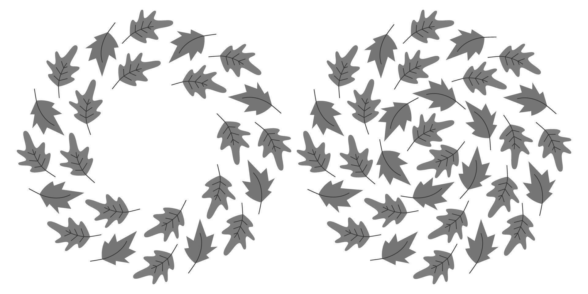 Oak and Maple Hand Drawn Leaves in grayscale Circle Frame border and Background Copy space Template. Isolated illustration Autumn Thematic banner, leaflets, sale cards, poster, label, price tag vector