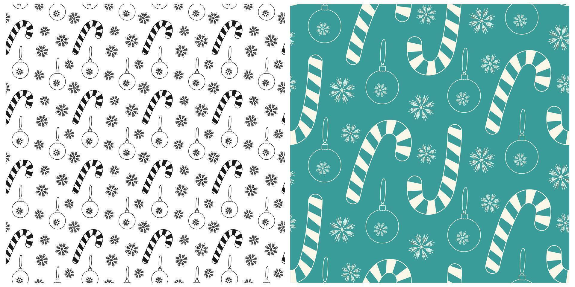 Freehand Striped Candy Cane Christmas toys and Snowflakes Ink and Chalk effect Seamless Pattern Set. Isolated illustration Christmas or New Year Themes Backdrops Greeting card, leaflet, banner vector