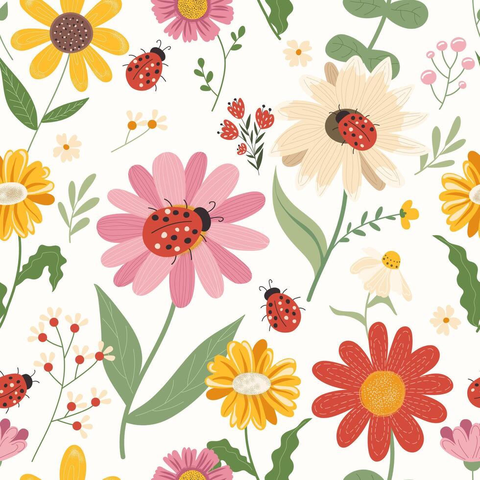 Seamless pattern with chamomile, sunflower and ladybug. Botanical garden with ladybug on flower. pattern vector