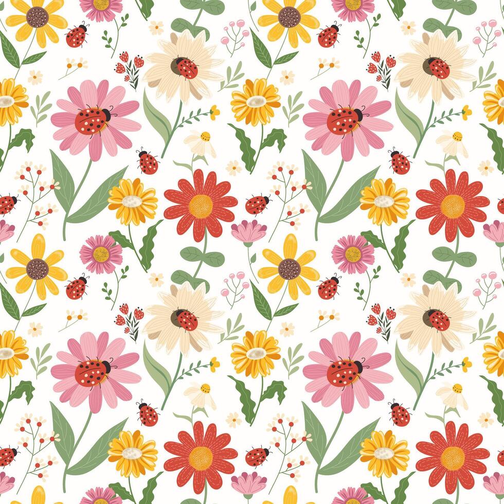 Seamless pattern with chamomile, sunflower and ladybug. Botanical garden with ladybug on flower. vector