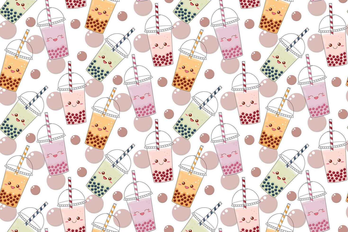 Seamless pattern with bubble tea and tapioca pearls on white background. Funny kawaii characters. illustration vector